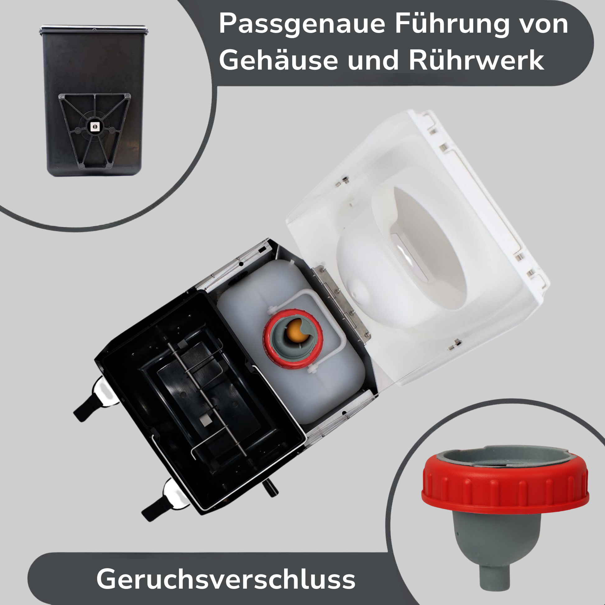 Die genauen Vorteile der BioTioo 1.0  mit Rührwerk und Urintank, modernes Design für einfache Entsorgung. Passgenaue Führung ins Gehäuse mit neuem SmellX Geruchsverschuss.