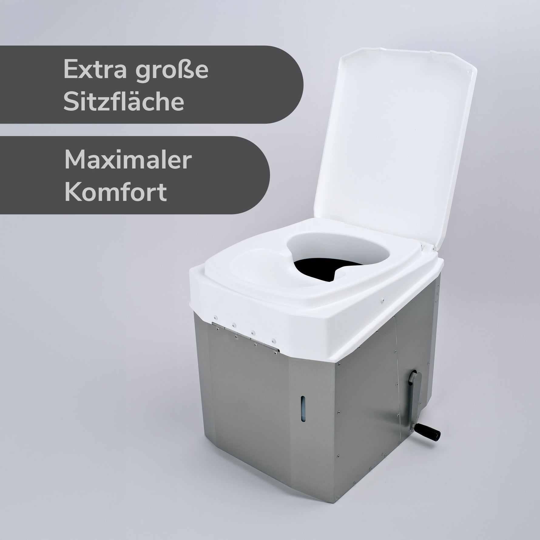 Der neue Sitz der BioTioo 2.0 Trockentrenntoilette. Offenner Deckel, ergonomischer Sitzfläche und modernem Design für höchsten Komfort.