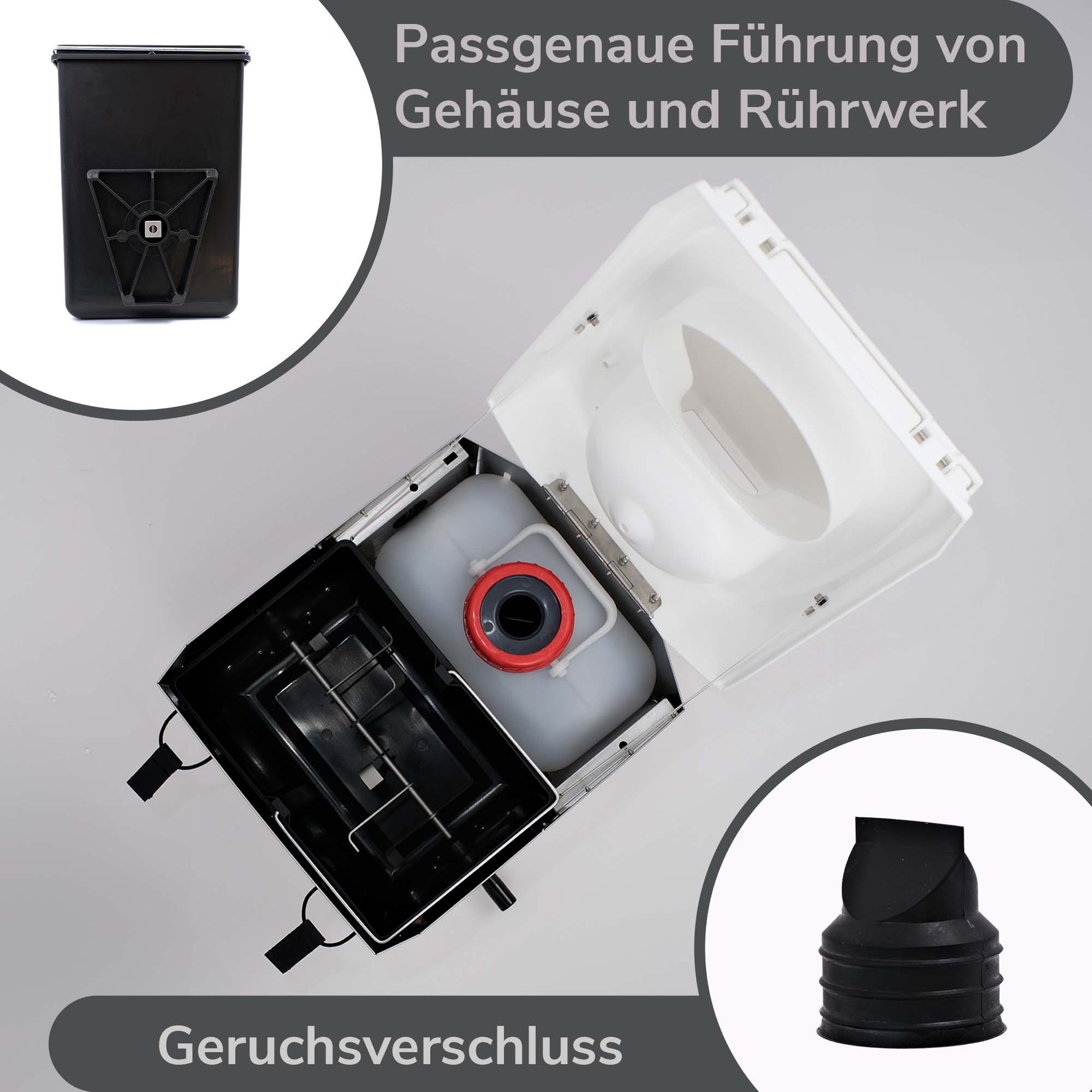 Geruchsverschluss und Rührwerk der BioTioo 2.0 Trockentrenntoilette mit offenem Deckel. Ideal für einfache Handhabung unterwegs.