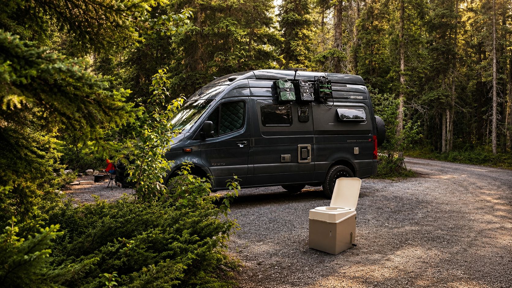 Eine wasserlose und chemiefreie Trockentrenntoilette, die vor einem Campervan Kastenwagen steht.