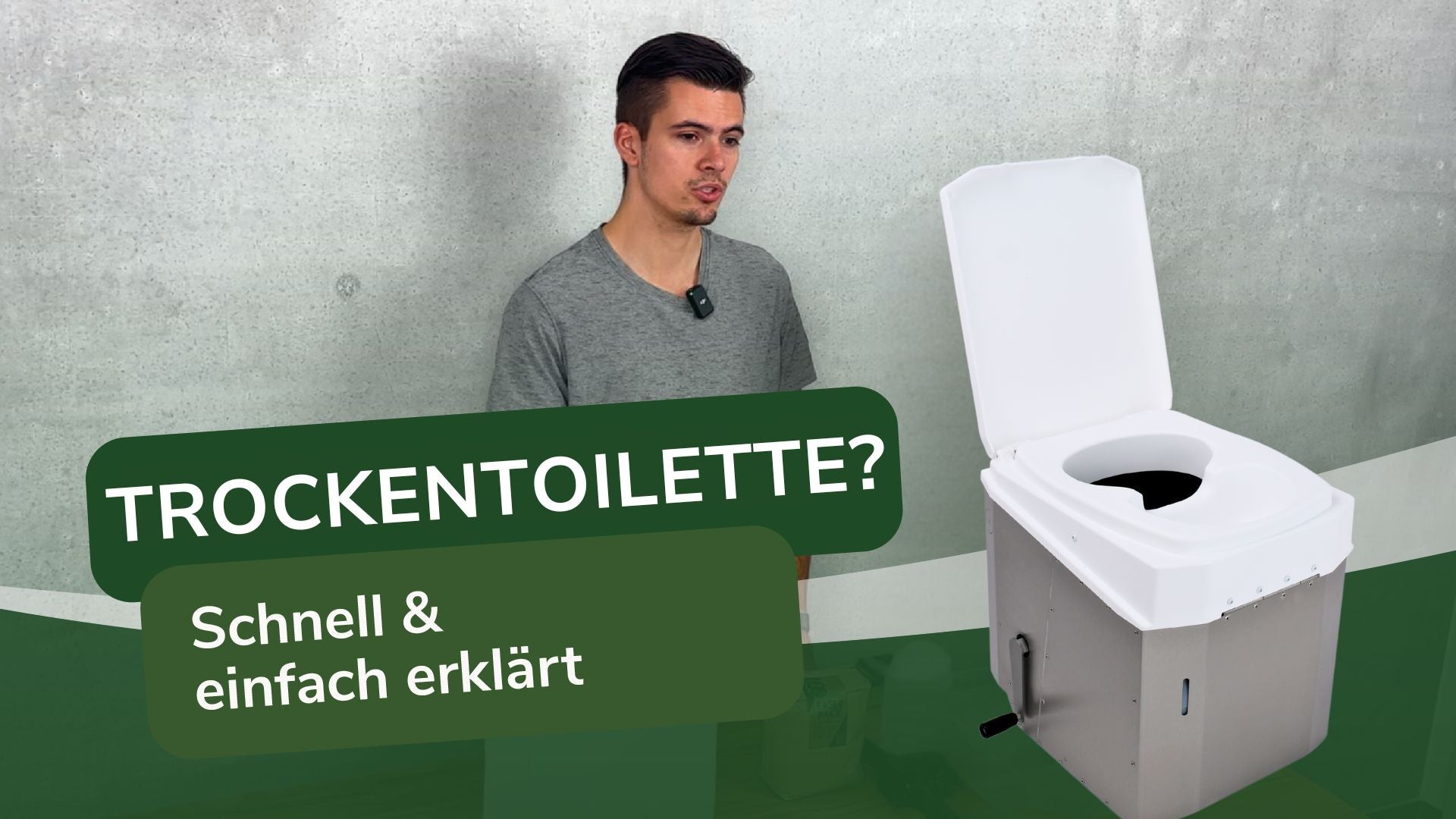 Thumbnail mit einer Person und dem Titel „Was ist eine Trockentoilette? Einfach erklärt“, zeigt anschaulich die grundlegende Funktionsweise und Vorteile einer Trockentoilette.