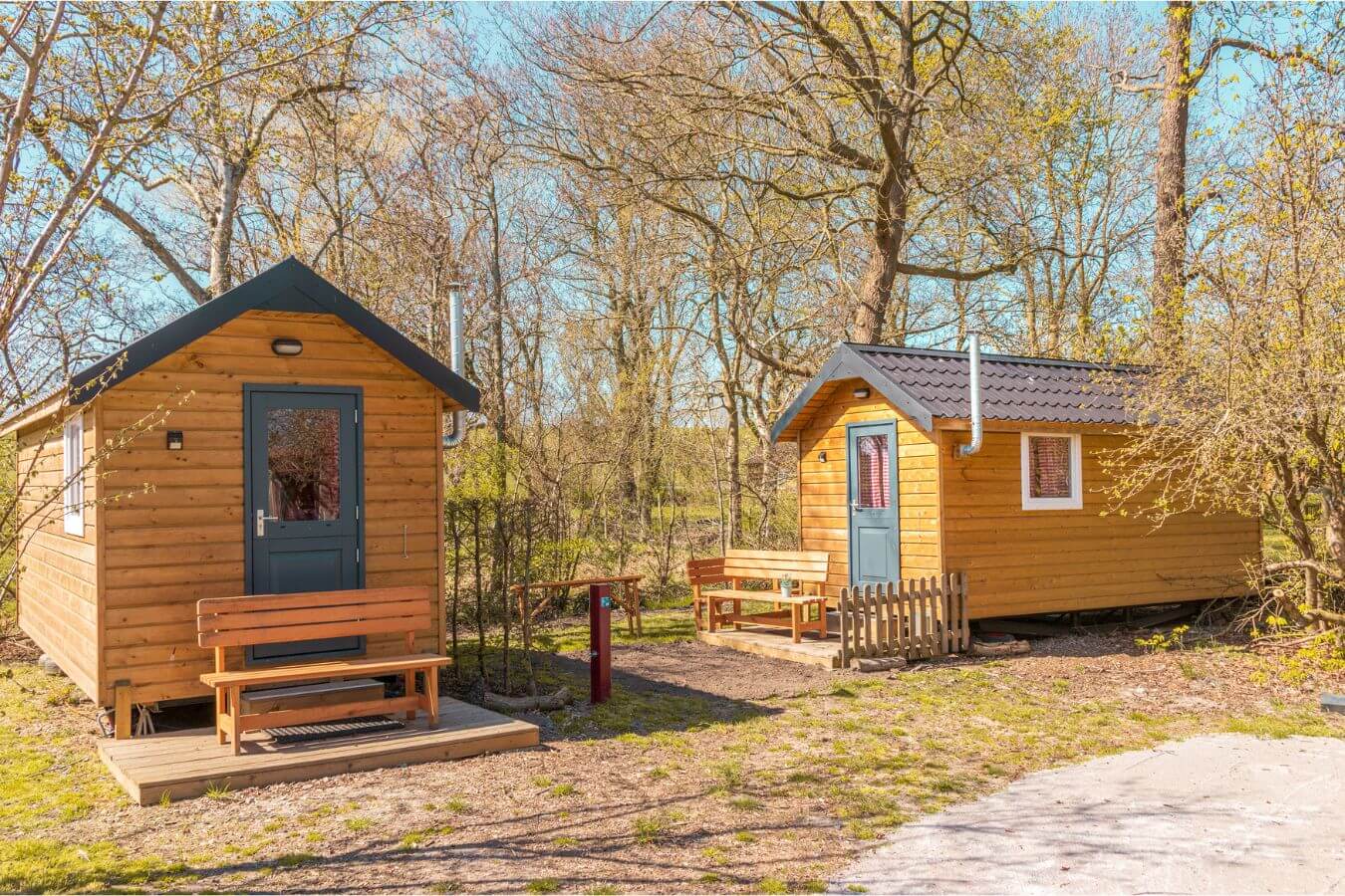 Zwei autarke Tiny Houses im Wald, für umweltfreundliches Wohnen. Mit zwei Holzbänken die vor dem Haus stehen