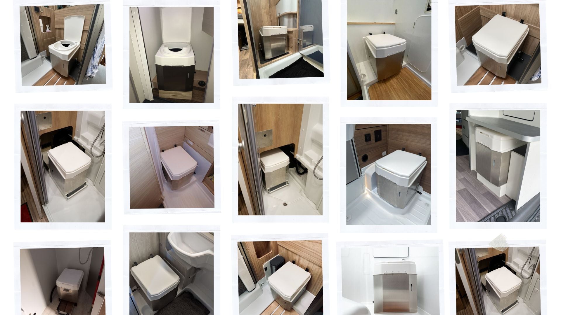 Eine Foto Collage von eingebauten BioTioo Trockentrenntoiletten und Komposttoiletten um die Umrüstung detailliert zu beschreiben.