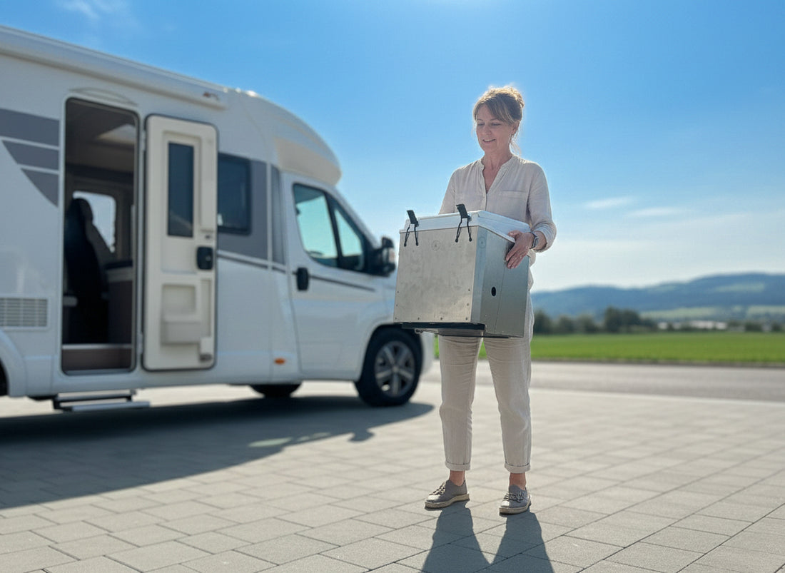 Frau hebt BioTioo Trenntoilette – kompakt und leicht zu transportieren