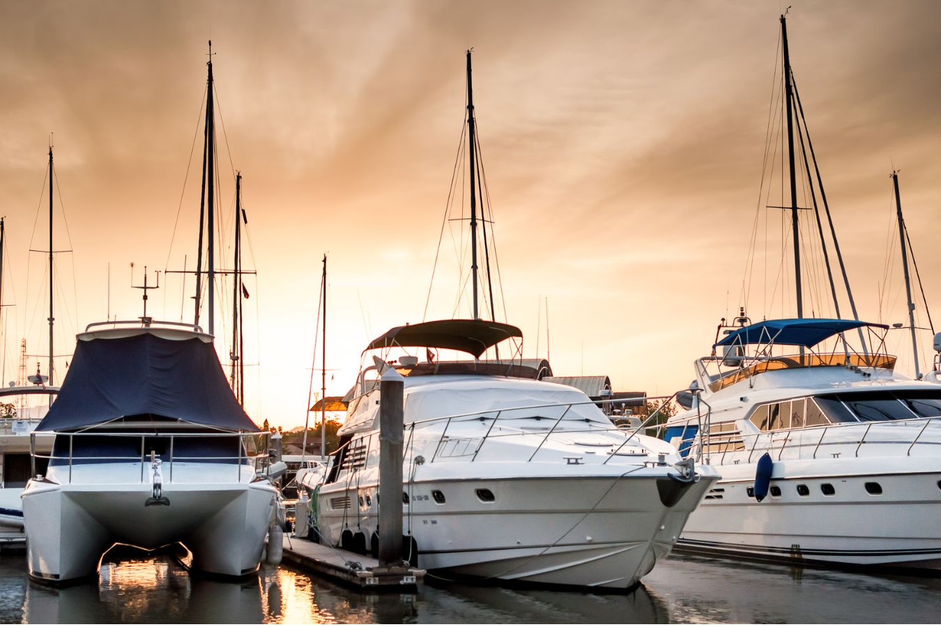 Der Anblick mehrerer Yachten und Boote, welche im Sonnenaufgang im Hafen liegen. Durch eine verbaute Bordtoilette haben sie die Möglichkeit auch unterwegs eine Toilette zu nutzen.