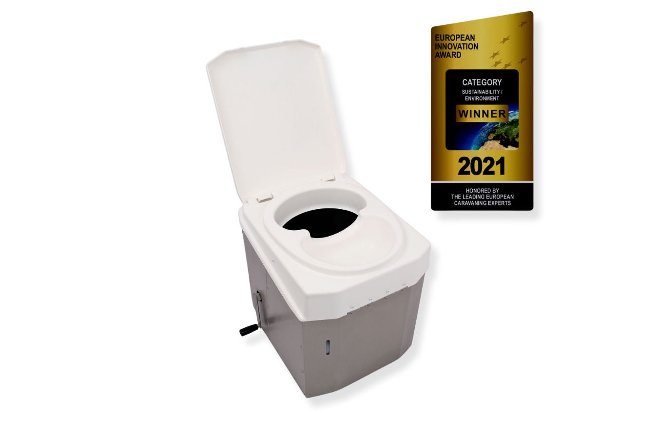 BioTioo 1.0 Trenntoilette ausgezeichnet mit dem Nachhaltigkeits-Innovations-Award 2021. Auf weißem Hintergrund hervorgehoben für ihre umweltfreundliche Technologie und modernes Design.