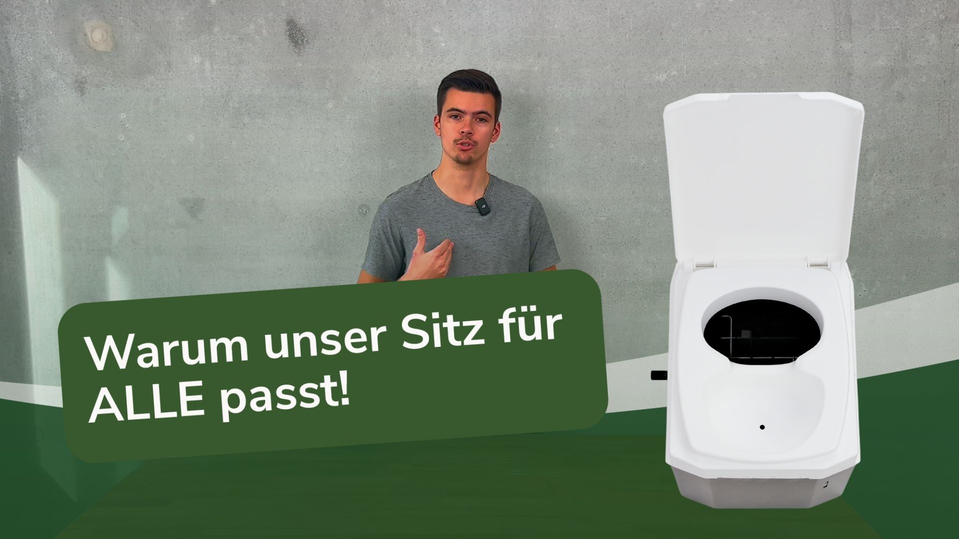 Thumbnail mit einer Person und dem Titel „Warum unser Kompost Toilettensitz perfekt für jeden ist“, zeigt die vielseitige Passform und die besonderen Vorteile für Nutzer von Komposttoiletten.