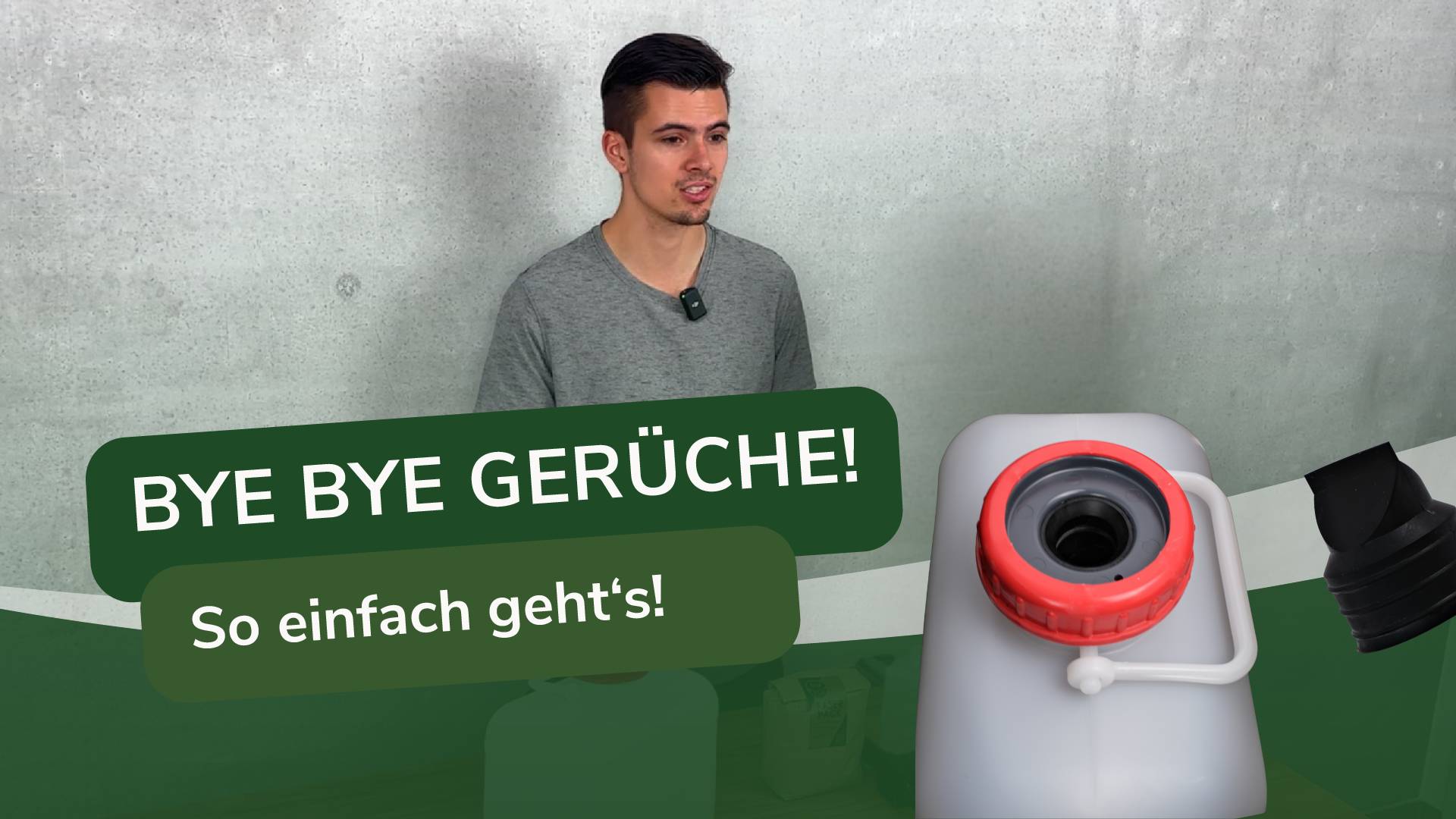 Thumbnail mit einer Person, die erklärt wieso unsere Trockentoilette im Wohnmobil neutral riecht und nicht anfängt zu stinken.