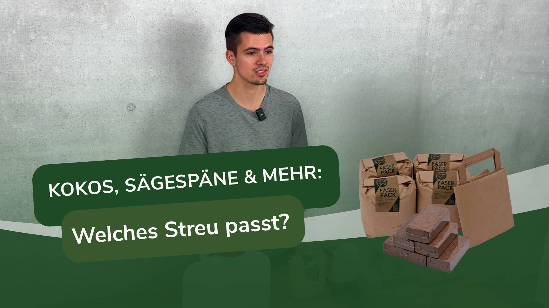 Thumbnail mit einer Person und dem Titel „Welches Einstreu passt?“, erklärt die besten Materialien und Tipps zur Wahl des passenden Einstreu für Komposttoiletten.