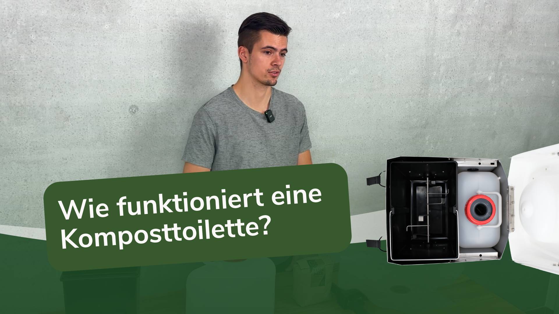 Thumbnail mit einer Person und dem Titel „Wie funktioniert eine Komposttoilette?“, erklärt anschaulich die grundlegende Funktionsweise und Vorteile der Komposttoilette.